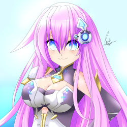 Rule 34 | 1girl, absurdres, alternate breast size, bad id, bad pixiv id, blue eyes, breasts, cleavage, cleavage cutout, clothing cutout, commentary, cundodeviant, elbow gloves, gloves, hair between eyes, highres, large breasts, long hair, looking at viewer, nepgear, nepnep connect: chaos chanpuru, neptune (series), pink hair, power symbol, power symbol-shaped pupils, purple sister, purple sister v, shoulder pads, smile, solo, symbol-shaped pupils, upper body