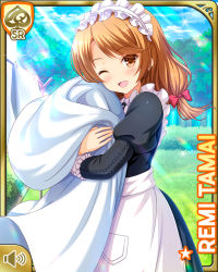 Rule 34 | 1girl, apron, black dress, bow, brown eyes, brown hair, card (medium), day, dress, girlfriend (kari), laundry, looking at viewer, low twintails, maid, maid apron, maid headdress, mansion, official art, one eye closed, open mouth, outdoors, qp:flapper, smile, socks, solo, standing, tagme, tamai remi, tanabata, twintails, wink