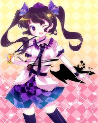 Rule 34 | 1girl, amo (shibu3), black thighhighs, brown hair, cellphone, checkered background, checkered clothes, checkered skirt, female focus, gradient background, hat, heart, himekaidou hatate, necktie, phone, skirt, solo, symbol-shaped pupils, thighhighs, tokin hat, touhou, twintails