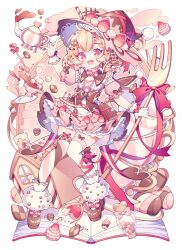 Rule 34 | 1girl, :d, ahoge, asymmetrical legwear, black hat, black skirt, blonde hair, bloomers, blush, book, bow, bowtie, cup, cupcake, drink, food, fork, hat, heart, heart-shaped pupils, holding, holding fork, holding teapot, hyou (pixiv3677917), knees together feet apart, long bangs, macaron, marshmallow, miniskirt, mismatched legwear, open book, open mouth, original, oversized object, pleated skirt, red bow, red bowtie, red eyes, saucer, shirt, simple background, skirt, smile, solo, striped clothes, striped thighhighs, symbol-shaped pupils, teacup, teapot, thighhighs, traditional bowtie, underwear, white background, white bloomers, white shirt, white thighhighs, witch hat, zettai ryouiki