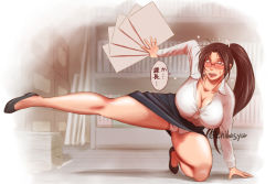 Rule 34 | 1girl, alternate costume, balancing, bookshelf, breasts, brown eyes, brown hair, casual, chiba shuusaku, cleavage, collarbone, falling, fatal fury, glasses, large breasts, looking at viewer, mary janes, open mouth, paper, ponytail, shiranui mai, shoes, solo, spread legs, sweatdrop, the king of fighters, unbuttoned, unbuttoned shirt, upskirt