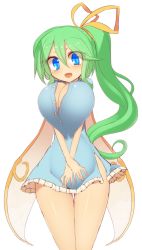 Rule 34 | 1girl, asymmetrical hair, blue eyes, breasts, bursting breasts, cleavage, daiyousei, fairy wings, green hair, hair ribbon, huge breasts, kuresento, long hair, open mouth, ribbon, side ponytail, solo, thighs, touhou, undersized clothes, very long hair, white background, wings