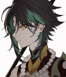 Rule 34 | 1boy, bead necklace, beads, black hair, closed mouth, facial mark, forehead mark, genshin impact, green hair, jewelry, male focus, multicolored hair, necklace, nozz177, portrait, profile, simple background, solo, white background, xiao (genshin impact), yellow eyes