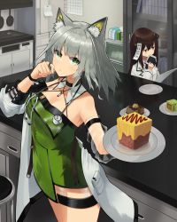 Rule 34 | 1girl, absurdres, animal ear fluff, animal ears, arknights, bare shoulders, breasts, brown eyes, brown hair, cake, cat ears, cleavage, closed mouth, collar, cowboy shot, detached sleeves, dress, eating, folinic (arknights), food, frying pan, green dress, green eyes, grey hair, highres, holding, holding plate, indoors, jewelry, kal&#039;tsit (arknights), kitchen, long hair, long sleeves, looking at viewer, medium breasts, nanamilem, note, off shoulder, plate, reading, ring, see-through, shelf, short dress, short hair, single detached sleeve, solo, table, translation request, trash can, v-shaped eyebrows, wristband