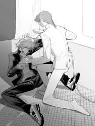Rule 34 | 2boys, arm up, bandaged head, bandages, bathroom, belt, blush, chinese commentary, clenched teeth, closed eyes, clothed bath, commentary, dirty, dirty clothes, dirty face, distress, domino high school uniform, facing away, full body, greyscale, high collar, highres, holding, holding another&#039;s wrist, holding shower head, implied yaoi, indoors, jacket, jonouchi katsuya, kaiba seto, leaning back, long sleeves, male focus, medium hair, midriff peek, monochrome, multiple boys, on floor, on one knee, open clothes, open jacket, open mouth, pants, parted lips, school uniform, screentones, shirt, shoes, shower curtain, shower head, showering, sitting, sneakers, teeth, water, wet, wet clothes, wet face, wet hair, white footwear, white jacket, white pants, white shirt, window, yitiaodahe71, yu-gi-oh!, yu-gi-oh! duel monsters