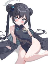 Rule 34 | 1girl, absurdres, barefoot, black dress, black hair, blue archive, blush, breasts, butterfly hair ornament, china dress, chinese clothes, double bun, dragon print, dress, grey eyes, grey halo, gugu0v0, hair bun, hair ornament, halo, highres, jacket, kisaki (blue archive), long hair, looking at viewer, pinstripe pattern, print dress, sleeveless, sleeveless dress, small breasts, solo, striped clothes, striped jacket, thighs, twintails, vertical-striped clothes, vertical-striped jacket