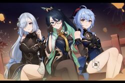 Rule 34 | 3girls, aqua eyes, bare shoulders, bell, black dress, black hair, breasts, cloud retainer (genshin impact), colored inner hair, cowbell, detached sleeves, dress, earrings, ganyu (genshin impact), ganyu (twilight blossom) (genshin impact), genshin impact, glasses, gloves, goat horns, green hair, hair ornament, highres, horns, jewelry, large breasts, long hair, long sleeves, looking at viewer, multicolored hair, multiple girls, neck bell, official alternate costume, official alternate hairstyle, red-framed eyewear, semi-rimless eyewear, shenhe (frostflower dew) (genshin impact), shenhe (genshin impact), shin (mac no), sleeveless, sleeveless dress, smile, tassel, tassel earrings, two-tone hair, very long hair, xianyun (genshin impact)