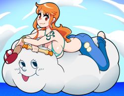 Rule 34 | 1girl, artist request, ass, bikini, bikini top only, breasts, highres, large breasts, long hair, looking at viewer, nami (one piece), one piece, orange hair, shiny skin, solo, swimsuit, zeus (one piece)