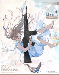Rule 34 | 1girl, assault rifle, bare legs, blonde hair, blue eyes, blue ribbon, bracelet, braid, cetme, cetme model l, character name, commentary request, copyright name, dress, falling, french braid, girls&#039; frontline, gun, hair ribbon, highres, holding, holding gun, holding weapon, jewelry, kinoshita neko, long hair, looking up, model l (girls&#039; frontline), model l (up into the blue sky) (girls&#039; frontline), official art, open mouth, ribbon, rifle, shoes, single shoe, solo, torn clothes, torn dress, torn shoes, weapon, white dress, white footwear