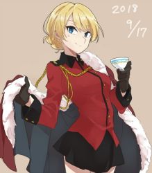 Rule 34 | 10s, 1girl, 2018, black gloves, black skirt, blonde hair, blue eyes, braid, cape, unworn cape, capelet, darjeeling (girls und panzer), dated, french braid, fur-trimmed capelet, fur trim, girls und panzer, gloves, holding, holding cape, holding clothes, looking at viewer, ree (re-19), short hair, skirt, smile, solo, st. gloriana&#039;s military uniform, tan background