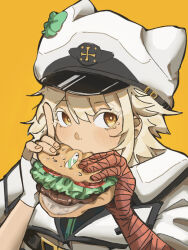 Rule 34 | 1girl, animal hat, bandaged arm, bandages, blonde hair, burger, candle, cat hat, colored eyelashes, dom1, eating, fingerless gloves, food, gloves, guilty gear, guilty gear xrd, hat, highres, holding, holding food, jerma985, jerma985 eating a whopper (meme), looking to the side, meme, ramlethal valentine, single glove, solo, yellow background, yellow eyes