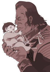 Rule 34 | 1boy, 1girl, age difference, baby, baby carry, bad id, bad pixiv id, carrying, dozle zabi, father and daughter, fingernails, gundam, manly, military, military uniform, mineva lao zabi, mobile suit gundam, peaceman, scar, sepia, short hair, simple background, size difference, uniform, white background