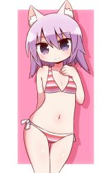 Rule 34 | 1girl, alice gear aegis, animal ear fluff, animal ears, bare arms, bare shoulders, bikini, blush, breasts, character request, closed mouth, collarbone, commentary request, drop shadow, hair between eyes, hand up, highres, naga u, navel, pink background, purple eyes, purple hair, side-tie bikini bottom, small breasts, smile, solo, striped bikini, striped clothes, swimsuit, thigh gap, two-tone background, white background