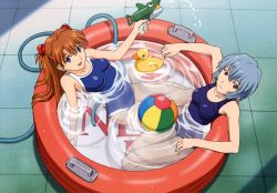 Rule 34 | 2girls, :d, alternate costume, arm support, ayanami rei, ball, beachball, blue eyes, blue hair, blue one-piece swimsuit, brown hair, closed mouth, competition school swimsuit, covered navel, finger on trigger, from above, full body, hair between eyes, hair ornament, happy, highres, holding, hose, impossible clothes, impossible swimsuit, light smile, long hair, looking at viewer, multiple girls, neon genesis evangelion, nerv, one-piece swimsuit, open mouth, outstretched arms, parted bangs, partially submerged, pool, reclining, red eyes, red hair, rubber duck, school swimsuit, seiza, short hair, sitting, smile, souryuu asuka langley, spread arms, swimsuit, tile floor, tiles, two side up, wading pool, water, water gun, yokozuwari