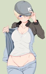 Rule 34 | 1girl, adjusting clothes, adjusting headwear, baseball cap, blue eyes, blue hat, blue jacket, blue pants, blush, breasts, cleft of venus, closed mouth, clothes pull, commentary, cowboy shot, frown, girls und panzer, green background, hat, jacket, keizoku military uniform, large breasts, long sleeves, looking at viewer, military uniform, navel, no panties, no shirt, open clothes, open jacket, opened by self, pants, pants pull, raglan sleeves, shirt, short hair, simple background, solo, standing, tanaka rikimaru, track jacket, track pants, uniform, white hair, white shirt, youko (girls und panzer)