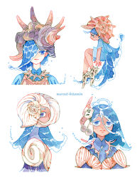 Rule 34 | 4girls, absurdres, armor, artist name, blue cape, blue eyes, blue hair, blue shirt, blue shorts, boots, breastplate, cape, clam shell, collage, colored eyelashes, dark skin, high collar, highres, ink (medium), liquid clothes, liquid hair, looking at viewer, maruti bitamin, mollusc shell, multiple girls, ocean, original, painting (medium), profile, seashell, shell, shell hair ornament, shirt, shorts, shoulder armor, spiked shell, traditional media, watercolor (medium), white background