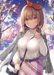 Rule 34 | 1girl, bag, belt, between breasts, blurry, blurry background, blush, braid, breasts, brown eyes, brown hair, building, city, cityscape, closed mouth, commentary request, grey jacket, hair between eyes, hair ribbon, handbag, highres, jacket, large breasts, medium hair, night, original, outdoors, red skirt, ribbed sweater, ribbon, shiro kuma shake, skirt, smile, snow, solo, standing, strap between breasts, sweater, tree, twin braids, white sweater