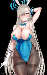 Rule 34 | 1girl, absurdres, aiuti, animal ears, arm behind head, asuna (blue archive), asuna (bunny) (blue archive), black background, black pantyhose, blue archive, blue bow, blue bowtie, blue eyes, blue leotard, bow, bowtie, breasts, cleavage, covered navel, cowboy shot, detached collar, fake animal ears, gloves, gluteal fold, grin, hair over one eye, halo, highleg, highleg leotard, highres, large breasts, leotard, light brown hair, mole, mole on breast, pantyhose, playboy bunny, rabbit ears, smile, solo, strapless, strapless leotard, thighband pantyhose, traditional bowtie, white gloves