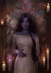 Rule 34 | 1girl, absurdres, annahelme, bare shoulders, black hair, candle, colored skin, constellation hair ornament, dress, fire, highres, indoors, long hair, looking at viewer, original, painting (object), purple skin, solo, white dress