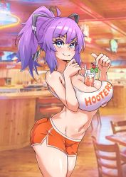 Rule 34 | 1girl, alcohol, bare shoulders, bebatch, between breasts, blue eyes, breasts, cleavage, clothes writing, crop top, drink, drinking straw, highres, hooters, ice, indie virtual youtuber, indoors, large breasts, looking at viewer, melody (projektmelody), multicolored hair, navel, object on breast, orange shorts, ponytail, purple hair, shirt, short shorts, shorts, smile, streaked hair, virtual youtuber, vshojo, white shirt