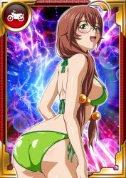 Rule 34 | 1girl, ass, bikini, breasts, breasts squeezed together, brown hair, card (medium), curvy, embarrassed, glasses, green bikini, green eyes, hair ornament, ikkitousen, large breasts, long hair, looking at viewer, looking back, official art, open mouth, ryuubi gentoku, shiny skin, side-tie bikini bottom, smile, solo, striped clothes, swimsuit, very long hair, wide hips