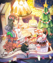 Rule 34 | 1girl, 2017, black cat, black hair, blush, book, bookmark, bow, cake, candle, cat, chair, christmas, christmas lights, christmas tree, christmas wreath, commentary request, flower, food, hair bow, highres, lamp, long hair, long sleeves, looking at viewer, looking back, merry christmas, open book, original, petals, pink bow, pleated skirt, poinsettia, red eyes, ribbon, school uniform, serafuku, sibyl, sitting, skirt, smile, tail, tail bow, tail ornament, teapot, two side up, white serafuku, white skirt, wreath