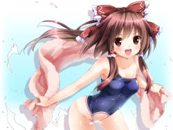 Rule 34 | 1girl, :d, alternate costume, bare shoulders, blue one-piece swimsuit, blush, bow, brown eyes, brown hair, censored, collarbone, colorized, competition school swimsuit, convenient censoring, covered navel, female focus, hair bow, hair tubes, hakurei reimu, highres, kani biimu, long hair, looking at viewer, nironiro, one-piece swimsuit, open mouth, pink towel, ponytail, school swimsuit, smile, solo, swimsuit, touhou, towel, wardrobe error, you&#039;re doing it wrong