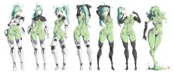 Rule 34 | 1girl, absurdres, ahoge, android, aqua hair, arms up, ass, automatic giraffe, breasts, colored skin, commentary, crossed arms, cyborg, dissolving, emmy (automatic giraffe), english commentary, full body, hair tie, hand in own hair, head removed, high ponytail, highres, holding own arm, long hair, looking at viewer, mechanical arms, mechanical legs, medium breasts, monster girl, multiple views, organs, original, ponytail, robot, see-through body, simple background, skeleton, slime girl, standing, stretching, swept bangs, transparent, variations, white background