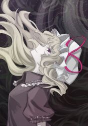 Rule 34 | 1girl, abstract background, absurdres, blouse, closed mouth, commentary request, frilled shirt collar, frilled sleeves, frills, greyscale, happy, highres, limited palette, long hair, looking at viewer, maribel hearn, monochrome, puffy short sleeves, puffy sleeves, purple eyes, purple ribbon, ribbon, shirt, short sleeves, smile, solo, taboo japan disentanglement, touhou, upper body, uzumibi, wavy hair, yakumo yukari