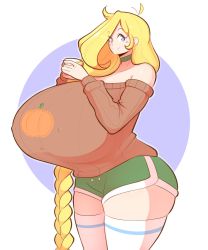 Rule 34 | 1girl, blonde hair, braid, breasts, cassie (theycallhimcake), choker, covered erect nipples, cup, curvy, gigantic breasts, highres, mug, original, pumpkin, shorts, simple background, skindentation, solo, sweater, theycallhimcake, thick thighs, thighhighs, thighs, wide hips