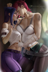 Rule 34 | 2girls, against wall, arcane: league of legends, arcane caitlyn, arcane vi, arm tattoo, artist name, bandaged arm, bandages, bare shoulders, belt, belt buckle, black pants, blouse, blue eyes, blue hair, breasts, brown belt, buckle, caitlyn (league of legends), clothes lift, collarbone, commentary, ear piercing, english commentary, eye contact, facial tattoo, from side, grey background, jewelry, large breasts, league of legends, lifting another&#039;s clothes, long hair, looking at another, medium breasts, multiple girls, navel, neck tattoo, necklace, nose piercing, olchas, pants, parted lips, patreon logo, piercing, pink hair, profile, purple pants, shirt, shirt lift, short hair, standing, striped clothes, striped pants, tattoo, vi (league of legends), white shirt, yuri