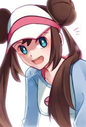 Rule 34 | 1girl, :d, blue shirt, bright pupils, brown hair, commentary request, creatures (company), double bun, game freak, green eyes, hair bun, hat, highres, long hair, mocacoffee 1001, nintendo, notice lines, open mouth, pokemon, pokemon bw2, raglan sleeves, rosa (pokemon), shirt, sidelocks, signature, smile, solo, teeth, tongue, twintails, upper body, upper teeth only, visor cap, white hat, white pupils