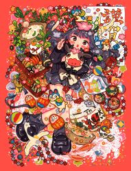 Rule 34 | 1girl, 2021, bag, ball, beachball, bird, black footwear, black hair, blush, brown eyes, chinese zodiac, cow horns, fish, floating hair, flower, food, grey flower, grey nails, hand up, happy new year, highres, horns, leaf, long hair, looking at viewer, nail polish, new year, original, plant, print bag, shoes, sizucomaru, solo, soup, vegetable, year of the ox
