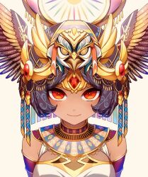 Rule 34 | 1girl, black hair, circlet, commentary request, dark-skinned female, dark skin, edamame senpai, egyptian, egyptian clothes, forehead jewel, gem, gold, looking at viewer, original, red eyes, short hair, smile, solo, straight-on, usekh collar