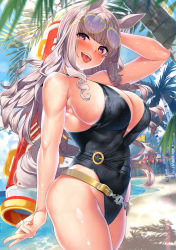 Rule 34 | 1girl, bare shoulders, beach, black one-piece swimsuit, blue sky, blunt bangs, blush, breasts, cleavage, covered navel, eyewear on head, gold ship (run revolt launcher) (umamusume), gold ship (umamusume), grey hair, highleg, highleg swimsuit, highres, horse girl, kawai (purplrpouni), large breasts, long hair, looking at viewer, one-piece swimsuit, open mouth, palm tree, purple eyes, shore, sideboob, sidelocks, sky, smile, solo, sunglasses, swimsuit, thighs, tongue, tongue out, tree, umamusume, wet