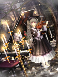 Rule 34 | 1girl, absurdres, barefoot, candle, catbell, dress, dutch angle, feet, flower, gothic lolita, grand piano, hairband, hat, highres, instrument, lolita fashion, lolita hairband, long hair, original, piano, piano bench, revision, rose, sheet music, smile, solo, top hat, tree, twintails, very long hair, wading, water, wet
