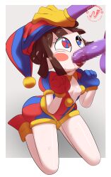 Rule 34 | 1boy, 1girl, absurdres, asymmetrical gloves, blue eyes, blue gloves, blue headwear, blush stickers, breasts, brown hair, censored, colored skin, fellatio, gloves, hat, hat bell, hetero, highres, jax (the amazing digital circus), jester, jester cap, jester girl, mismatched gloves, mosaic censoring, multicolored clothes, multicolored headwear, nipples, nyoron-nyan, oral, penis, pomni (the amazing digital circus), purple skin, red eyes, red gloves, red headwear, saliva, small breasts, striped clothes, striped headwear, sweat, testicles, the amazing digital circus, tongue, two-tone eyes, vertical-striped bodysuit, vertical-striped clothes, vertical-striped headwear, white skin, yellow gloves