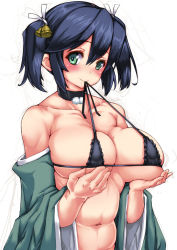 Rule 34 | 10s, 1girl, bikini, bikini in mouth, black bikini, blue hair, blush, bokuso, breasts, choker, clothes in mouth, highres, huge breasts, kantai collection, looking at viewer, mouth hold, navel, short hair, simple background, smile, solo, souryuu (kancolle), swimsuit, twintails, white background