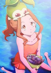 Rule 34 | 1girl, breasts, brown eyes, brown hair, digimon, digimon adventure, highres, long hair, ocean, one-piece swimsuit, ponytail, shells, sitting, small breasts, swimsuit, tachikawa mimi, tanemon, water