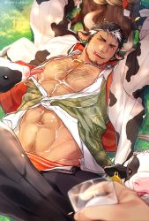 Rule 34 | 1boy, :q, abs, animal, animal ears, animal print, arms up, bara, bare pectorals, beard, bell, black pants, chinese zodiac, collar, collared shirt, cow, cow boy, cow ears, cow horns, cow print, cup, dark-skinned male, dark skin, earrings, facial hair, gozu farm, happy new year, highres, holding, holding cup, horns, jacket, jewelry, large pectorals, licking, licking nipple, lying, male focus, male pubic hair, male underwear, male underwear peek, mature male, milk, muscular, muscular male, navel, navel hair, neck bell, new year, nipple piercing, nipple stimulation, nipples, on back, open clothes, open jacket, open pants, open shirt, orange male underwear, original, pants, pectoral cleavage, pectorals, piercing, pov, pubic hair, shirt, short hair, solo focus, spread legs, stomach, stubble, suggestive fluid, textless version, tongue, tongue out, underwear, year of the ox