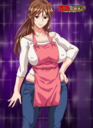 Rule 34 | 1girl, apron, breasts, brown hair, collarbone, denim, erectlip, furyou ni hamerarete jusei suru kyonyuu okaa-san, furyou ni hamerarete jusei suru kyonyuu okaa-san the animation, hand on own hip, highres, jeans, kyouko, large breasts, long hair, looking at viewer, mature female, midriff, mole, mole under mouth, pants, red eyes, screencap, solo, stitched, third-party edit