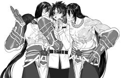 Rule 34 | 3boys, arm around shoulder, belt, blush, chaldea uniform, dual persona, fate/grand order, fate (series), fujimaru ritsuka (male), gauntlets, greyscale, index fingers together, male focus, monochrome, multiple boys, nipples, topless male, simple background, tansaninryou, tattoo, wavy mouth, white background, yan qing (fate)