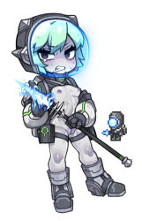 Rule 34 | 1girl, alien, aqua hair, black eyes, black footwear, black gloves, boots, breasts, cleft of venus, colored skin, creature and personification, energy weapon, full body, gigazapper, gloves, grey skin, helmet, holding, holding polearm, holding weapon, knee boots, no nose, nyong nyong, personification, polearm, reference inset, short hair, simple background, small breasts, solo, space helmet, spear, standing, terraria, uncensored, weapon, white background