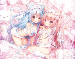 Rule 34 | 2girls, ahoge, animal ear fluff, animal ears, arm up, arms up, barefoot, bell, blue hair, blush, bow, bra, breasts, cake, cake stand, candy apple, cat ears, cat girl, cat tail, choker, cleavage, clenched hand, clenched hands, cup, face-to-face, fang, feet, fish hair ornament, food, food-themed hair ornament, gift, hair bow, hair ornament, hairband, hairclip, highres, jingle bell, kneeling, leaning forward, leg warmers, lolita hairband, long hair, looking at viewer, microskirt, momozu komamochi, multiple girls, navel, no shoes, open mouth, oppai loli, original, panties, paw pose, pillow, pink eyes, pink hair, pink panties, plate, red eyes, ribbon, sauce, sitting, skirt, smile, strawberry hair ornament, stuffed animal, stuffed toy, table, tail, tail ornament, tail ribbon, tea, teacup, teddy bear, thighhighs, thighs, twintails, underwear, underwear only, white bra, white legwear, white skirt, wrist cuffs