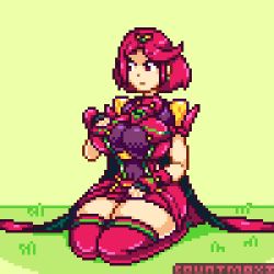 Rule 34 | 1girl, animated, animated gif, black gloves, blush, breasts, cleavage, countmoxi, covered navel, fingerless gloves, gloves, hair ornament, kneeling, large breasts, looking at viewer, lowres, nintendo, no nut november, pixel art, pyra (xenoblade), red eyes, red hair, short hair, short shorts, shorts, sidelocks, simple background, smile, solo, tiara, white background, wide hips, xenoblade chronicles (series), xenoblade chronicles 2