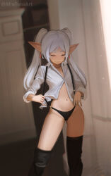 Rule 34 | 1girl, absurdres, afrotunaart, alternate costume, black panties, black thighhighs, breasts, closed eyes, closed mouth, collarbone, collared shirt, earrings, elf, frieren, highres, jewelry, navel, panties, partially unbuttoned, pointy ears, shirt, small breasts, sousou no frieren, thick eyebrows, thighhighs, twintails, twitter username, underwear, v-shaped eyebrows, white hair, white shirt