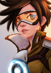 Rule 34 | 1girl, absurdres, bomber jacket, brown hair, chest harness, coat, earrings, goggles, green eyes, harness, highres, jacket, jewelry, leather, leather jacket, lips, looking at viewer, orange goggles, overwatch, overwatch 1, parted lips, raichiyo33, short hair, solo, spiked hair, teeth, tracer (overwatch), upper body