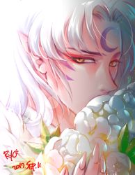 Rule 34 | 1boy, crescent, dated, facial mark, fingernails, flower, forehead mark, fur, inuyasha, long hair, looking at viewer, male focus, pointy ears, portrait, ryo (ryoxkj), sesshoumaru, silver hair, solo, yellow eyes
