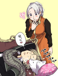 Rule 34 | 1boy, 1girl, blush, breasts, brown hair, chris lightfellow, closed mouth, commentary request, dog, dress, earrings, gensou suikoden, gensou suikoden iii, jewelry, licking another&#039;s face, nash latkje, ruruo (p76), scarf, short hair, sidelocks, silver hair, smile