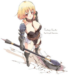 Rule 34 | 1girl, axe, between breasts, blonde hair, boots, breasts, cleavage, detached sleeves, face, fantasy earth, full body, gauntlets, kyo (kuroichigo), large breasts, polearm, red eyes, short hair, simple background, solo, warrior, warrior (fantasy earth), weapon